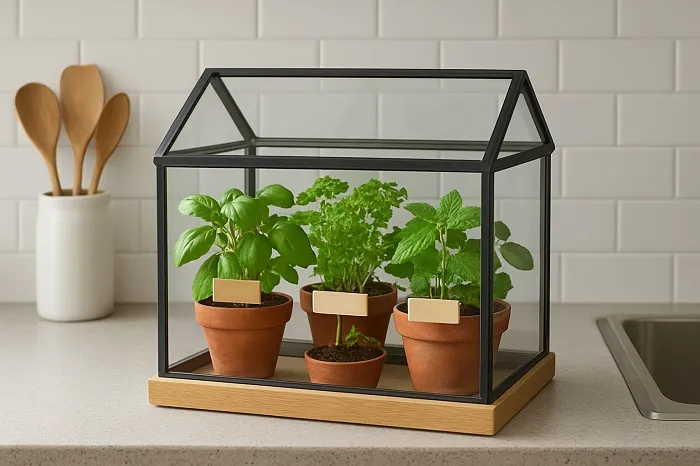 A kitchen countertop greenhouse for herbs