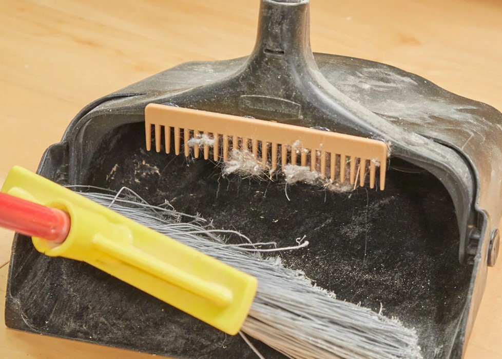 Dustpan with bristles to comb hairs and dust off the brush