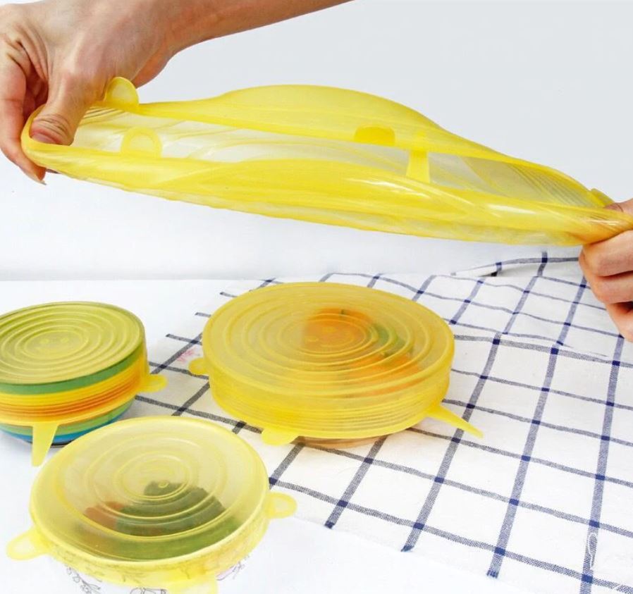 Stretchy reusable silicone lids for leftover food